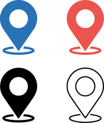 Illustration of four location pin icons in blue red black and outline on a white background
