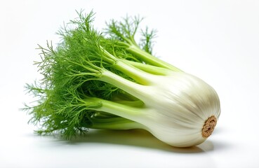 Fresh fennel bulb isolated on white background. Green feathery leaves, white bulb, raw organic vegetable. Healthy ingredient, vegetarian cuisine, healthy food for salads, soups, cooking. Ideal for