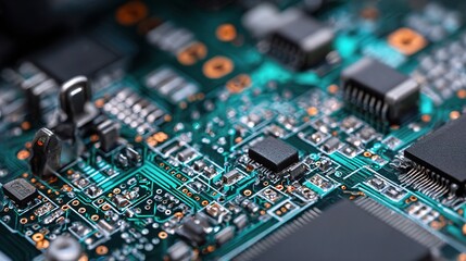 Fototapeta premium Detailed Close-Up of a Printed Circuit Board with Electronic Components