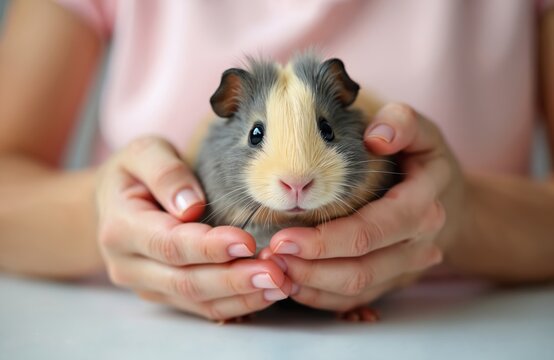 Guinea pig held carefully hands. Woman hands holding cute pet rodent. Person caring for animal. Pet care concept. Home pet. Domestic animal. Happy look, pink nose. Close-up shot. - Powered by Adobe
