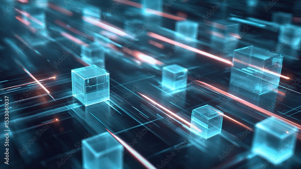 Poster futuristic blockchain concept with abstract transparent blocks