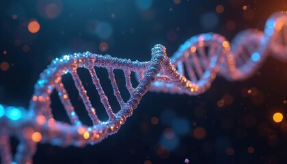 Close-up of DNA helix structure. Science tech concept. Deoxyribonucleic acid helix. Modern illustration of a gene structure on dark background. Biotechnology, medical research, gene, genome concepts.