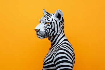 Artistic representation of a man with tiger stripes body painting, evoking concepts of wildlife, identity, and transformation on a vibrant orange backdrop