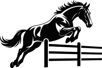 A black and white illustration of a horse jumping over a fence on a white background vector