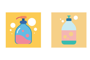 Vector illustrations of soap dispensers in flat design with bubbles on yellow backgrounds