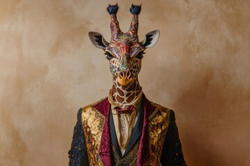 Surreal portrait of a giraffe wearing an elegant patterned suit and a bow tie, against a textured background, blending animal and human elements