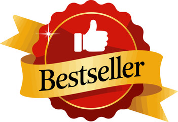 Illustration of a bestseller badge with a thumbs up icon on a gold and orange background
