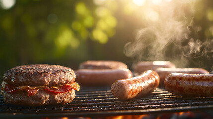 Sizzling Juicy Burgers and Sausages Grilling on a Charcoal BBQ in a Photorealistic Style for Culinary Enthusiasts
