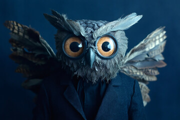 Owl headed businessman staring with large expressive eyes, creating a surreal and thought provoking atmosphere
