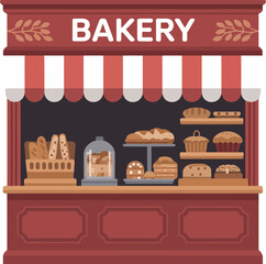 Illustration of a bakery shop front with awning and baked goods on display shelves inside