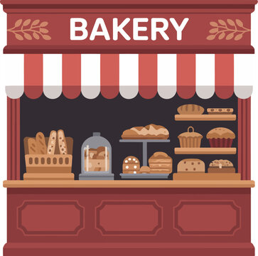 Illustration of a bakery shop front with awning and baked goods on display shelves inside