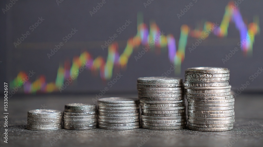 Aufkleber stacked coins and folded bills on dark surface with graph background