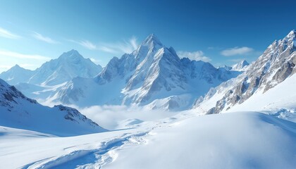 Breathtaking winter mountain landscape under clear blue sky. Majestic snow-covered peaks, serene untouched snowfield, ice. Winter sports, travel, tourism, wanderlust, exploration of nature.
