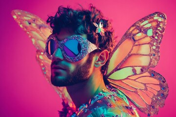 Male model wearing butterfly wings and glitter sunglasses posing on pink background in a studio shot with colorful lights