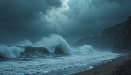 Dramatic scene big tsunami waves hitting shore under dark stormy sky. Coastal disaster unfolds at ocean beach. Huge, crashing waves, dark clouds over water.