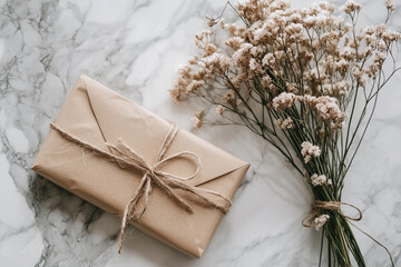 Kraft Paper Gift Envelope Elegantly Arranged with Delicate Dried Flowers and Rustic Twine for Unique Gifting