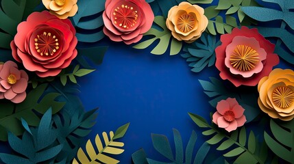 Colorful paper flowers and leaves on a deep blue background