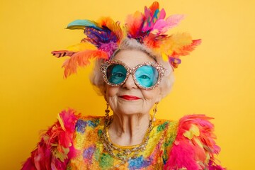 Stylish senior woman wearing a colorful feathered headdress and sunglasses, embodying joy and confidence on a vibrant yellow background