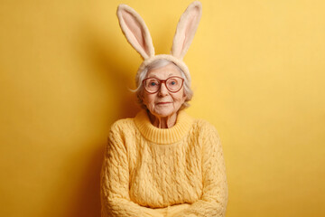 Portrait of a senior woman wearing a yellow sweater and bunny ears, celebrating Easter or another occasion with a cheerful expression