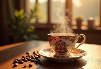 freshly brewed coffee vintage cup morning relaxation sip aroma warmth, beverage, espresso, mug, steam, drink, delight, hot, caffeine, taste, accessory