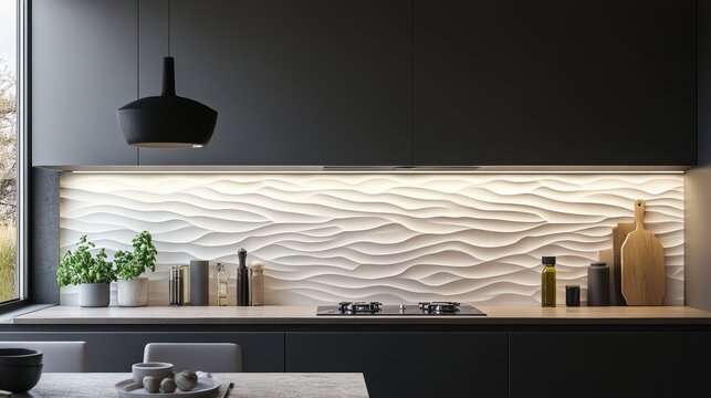Modern Kitchen with Wave Pattern Backsplash and Elegant Minimalist Design Elements