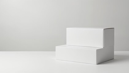 Minimalist composition of two white boxes stacked on a white surface. Clean, simple design against soft neutral background. Concept for product presentation, branding design, promotion, packaging.