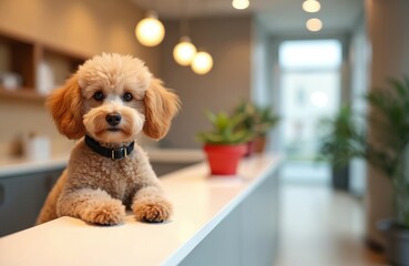 Cute dog sits at reception counter, looking at camera. Funny puppy in pet salon, animal clinic. Waiting room for dog grooming service. Pet healthcare, vet. Domestic animal, friendly. Best friend,