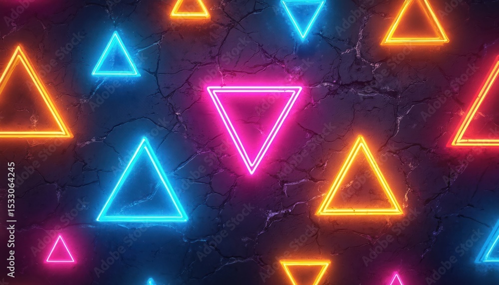 Poster abstract neon geometric triangles seamless pattern digital art background. bright colorful vibrant d