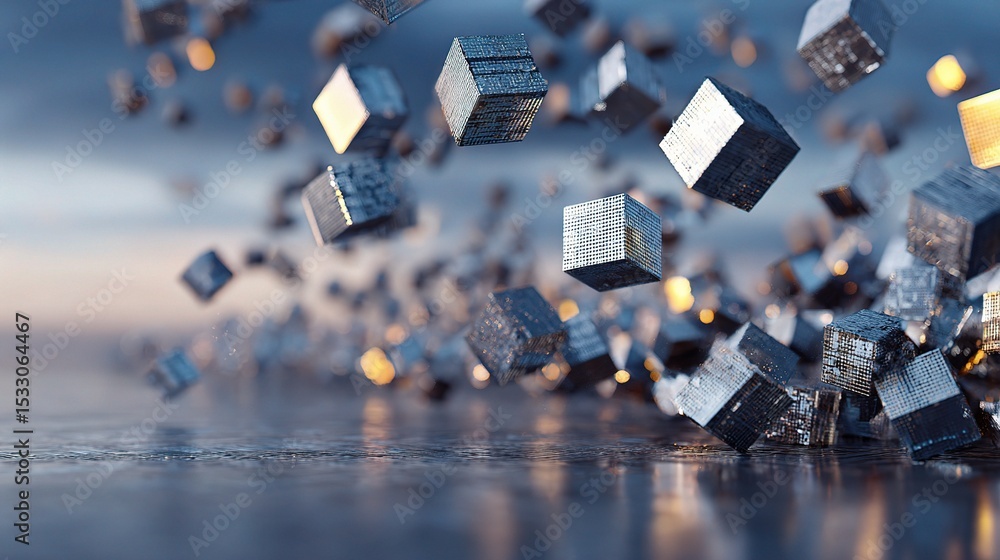 Poster cluster of metallic cubes hovering above a digital background