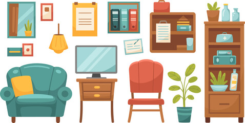 Fototapeta premium Illustration showing a furnished room with armchair, desk, shelves, and other furniture items