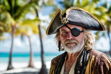 Senior male actor portraying famous historical figure of buccaneer, wearing eye patch, tricorn hat and posing on tropical beach