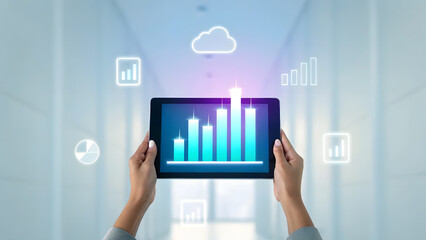 Digital analytics and cloud data visualization displayed on a tablet in a bright environment