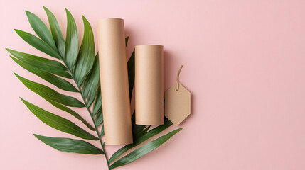 Sustainable Kraft Paper Tubes Mockup with a Lush Green Plant and Stylish Tag for Elegant Presentation
