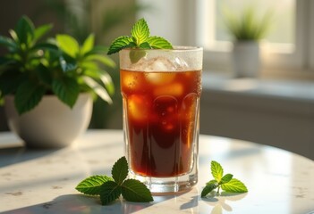 frosted glass iced coffee refreshment mint leaves cool beverage glassware, drink, summer, mocha, cold, sip, infusion, herbal, latte, syrup, cream, brew