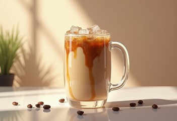 frosted glass mug ice coffee drink swirl refreshing beverage visual aesthetic gourmet presentation chill, fluid, condensation, sip, tabletop, stilllife, icecube, cream