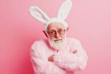 Grumpy elderly man with white beard and glasses wearing pink bunny costume crossing arms on pink background