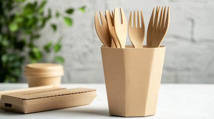 Eco Friendly Takeout Food Packaging Mockup with Beautifully Arranged Bamboo Utensils for Designers