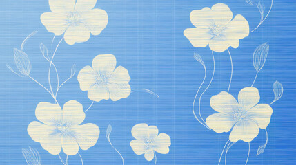 Seamless floral motif featuring delicate white flowers with thin outlines and flowing stems on textured pastel blue background, evoking vintage and serene aesthetic