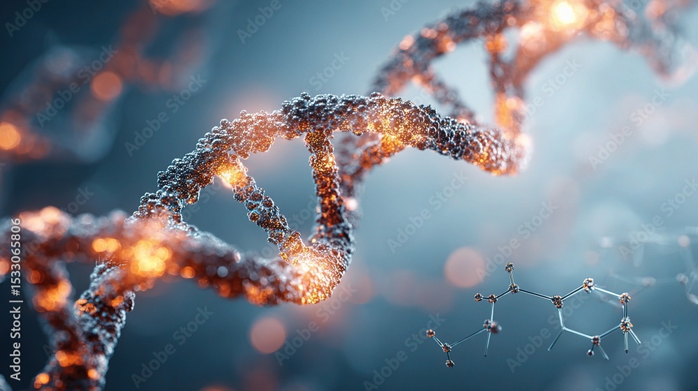 Poster intricate dna helix on soft light background with molecular structure
