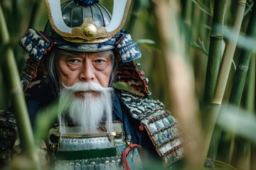 Elderly samurai with long white beard and mustache posing in bamboo forest, wearing traditional armor