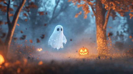 Photorealistic Glowing Halloween Ghost Hovering in a Foggy Night Yard with Soft Moonlight Illuminating Scene