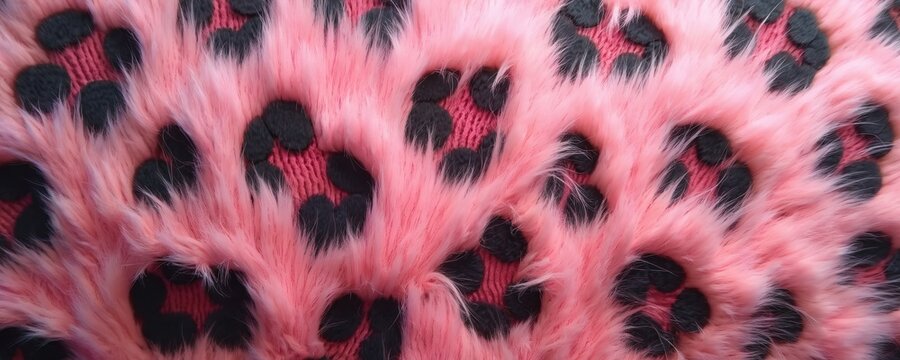 Pink leopard fur seamless pattern background. Animal skin texture in retro fashion style. Pink fur texture with black spots. Vibrant design, suitable for fashion, textile, decor. Bright colors. Fun,