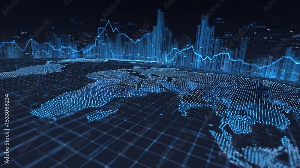 Poster 3d rendered tech scene with grid world map and data visualization