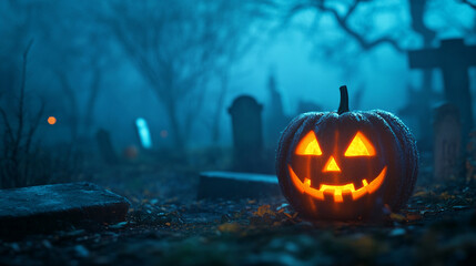 Photorealistic glowing jack o lantern in a foggy graveyard at night softly illuminated by the warm orange glow