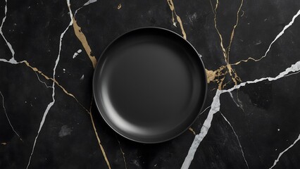 Empty black plate on black and gold marble