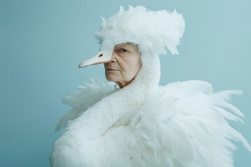 Portrait of an elegant senior woman wearing an elaborate swan costume, embodying grace and transformation against a serene light blue backdrop