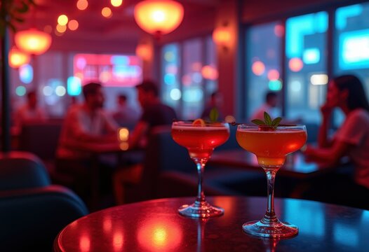 vibrant cocktail bar neon lights nightlife urban aesthetic colorful drinks lounge atmosphere signature cocktails social gathering, beverages, menu, table