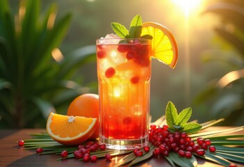 vibrant cocktail exotic fruit garnish colorful refreshing drink summer beverage citrus delight mixology, ice, tropical, juice, sparkle, blend, bottle