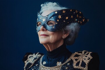 Studio portrait of an elegant senior woman wearing an elaborate celestial themed masquerade mask and costume, exuding mystery and sophistication