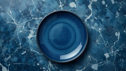 Empty blue dinner plate on marble background